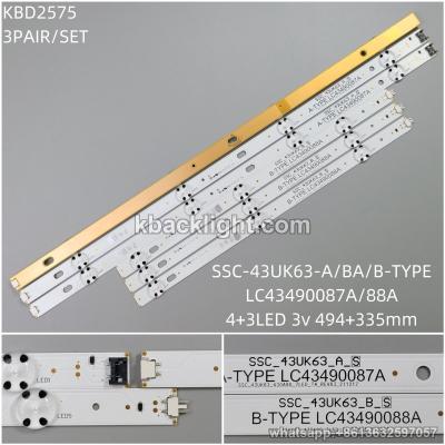 KBD2575 SSC-43UK63-A/BA/B-TYPE LC43490087A/88A/4+3-LED 3v494+335mm copper plate 3 PAIRS/ SET